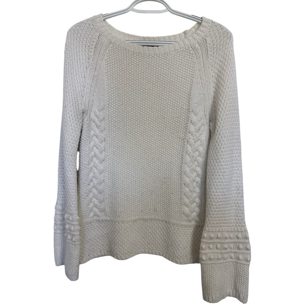 White Cable Knit Wool Camel Blend Sweater Ann Taylor Size XS Bell Sleeve Fairy